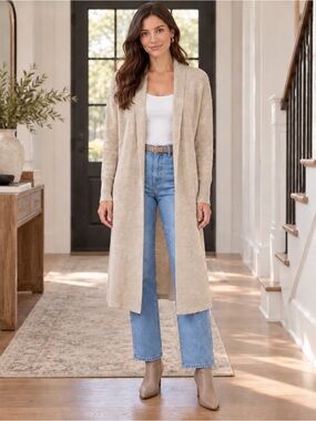 Leith Cozy Long Open Front Duster Cardigan Oatmeal Beige -Size Small